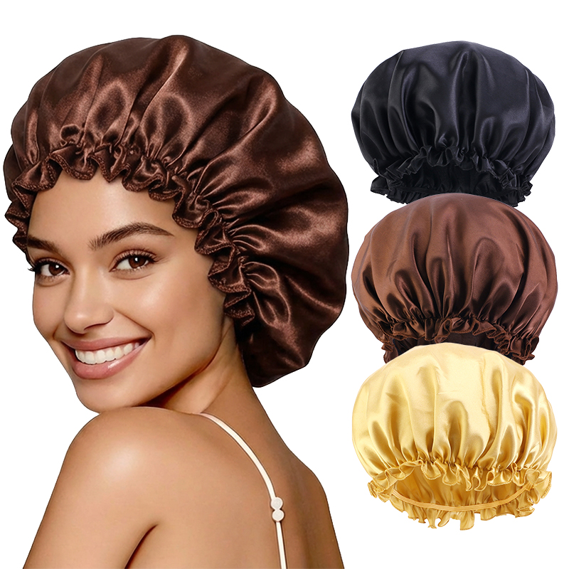 Lot de 3 bonnets de nuit en satin pour femme, élastiques, imperméables, pour la douche et le soin des cheveux