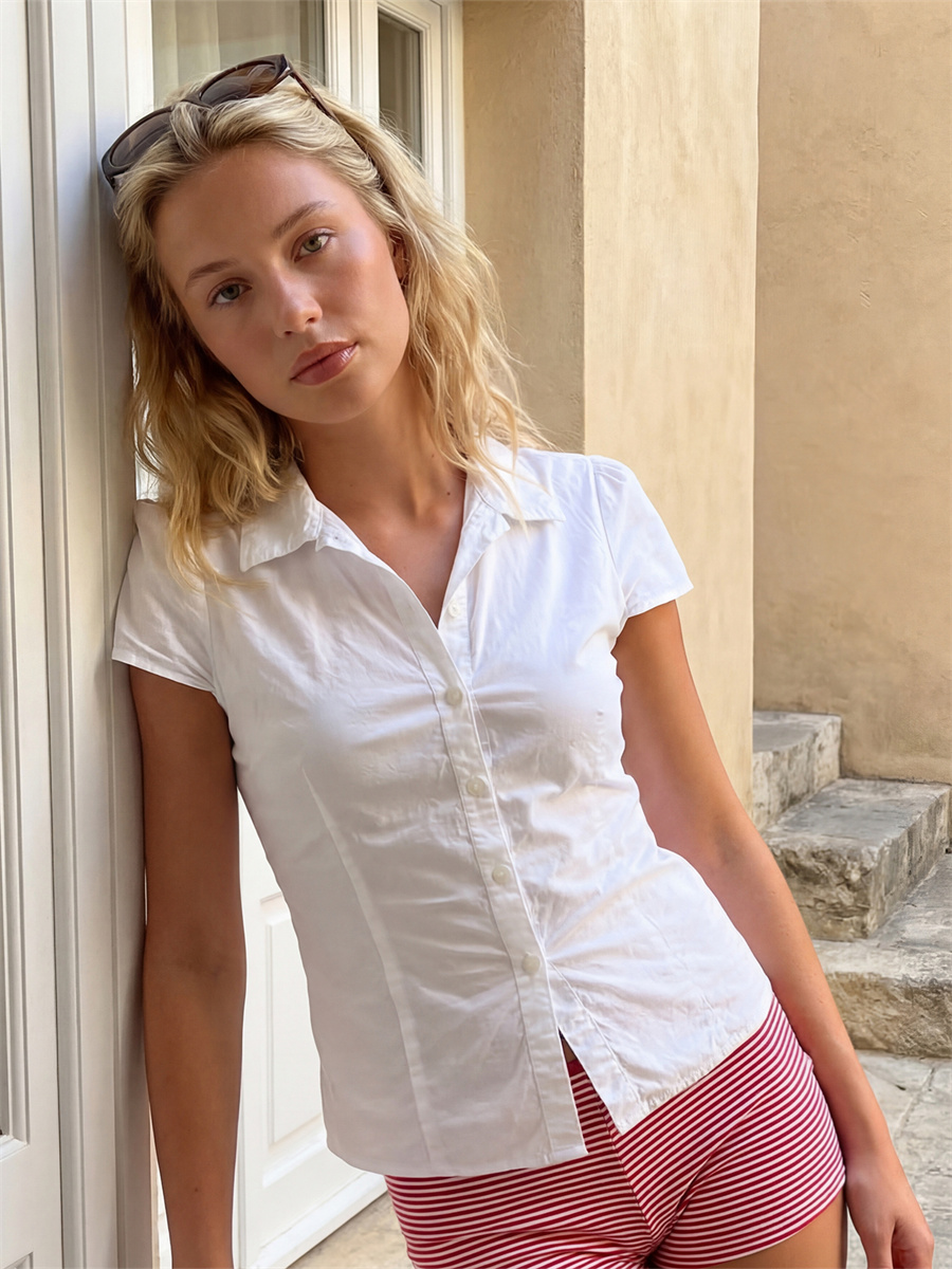 Chemisier boutonné uni à manches courtes pour femme, coupe ajustée, col à revers, froncé, style streetwear, été 2026