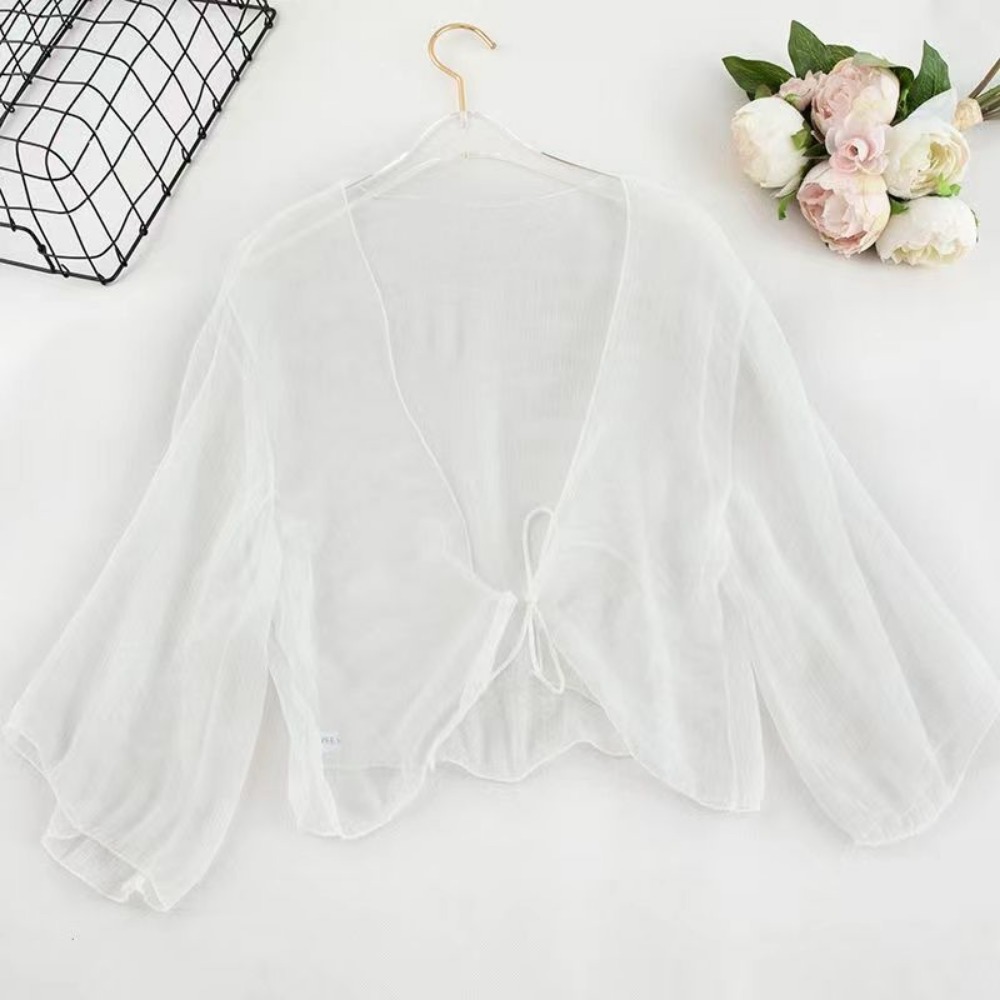Cardigan décontracté froissé pour femme en mousseline transparente, châle court, vêtement de protection solaire ample et léger, petite veste