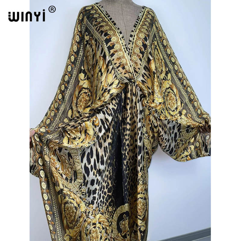 Kaftan de plage sexy, caftan en soie et rayonne, imprimé tendance 2021 WINYI, robes longues pour femmes, robe bohème à col en V.