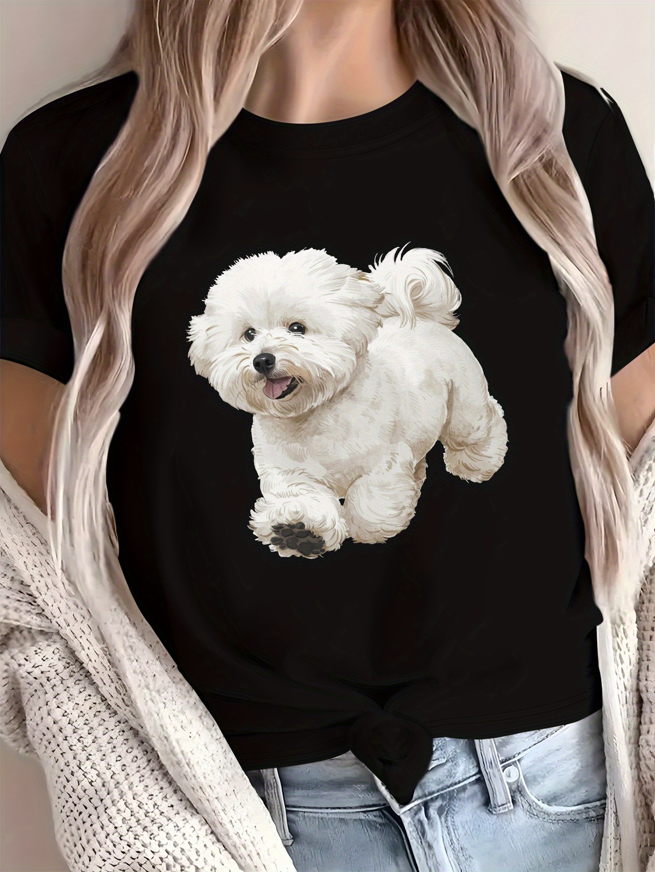 T-Shirt blanc mignon Bichon Frise pour femmes, doux, respirant, couleur unie, haut décontracté pour tous les jours, imprimé Animal, t-shirts graphiques