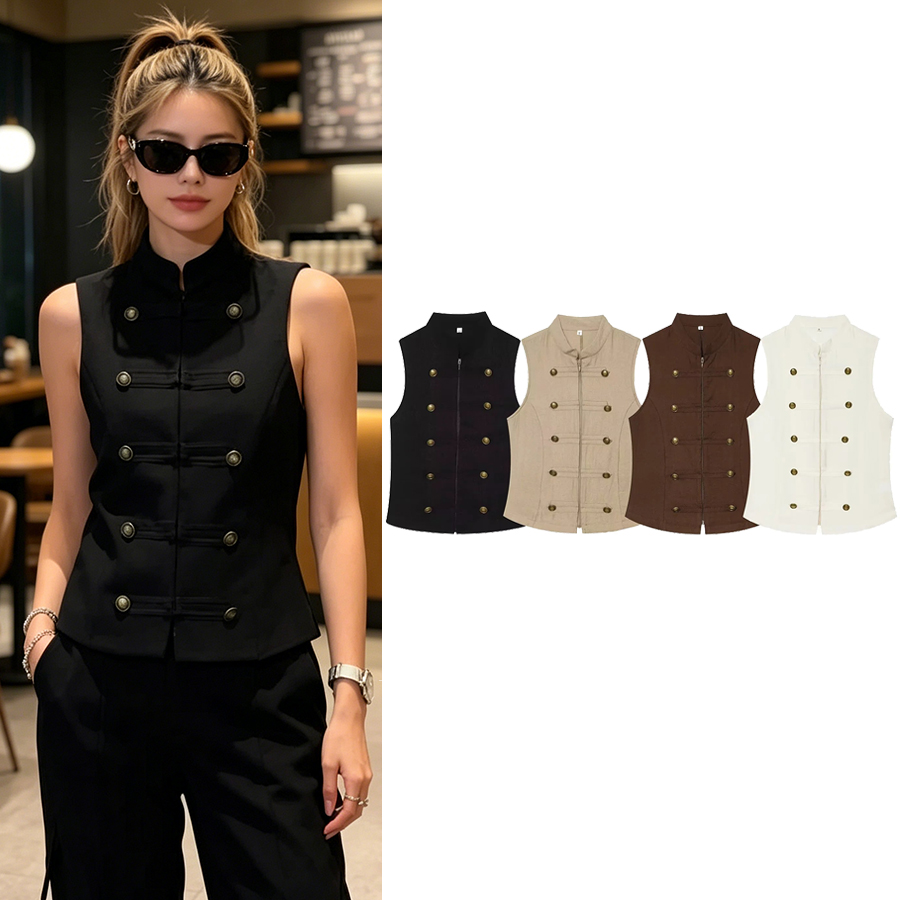 Blouse Chic Décontractée Vintage pour Femme, Col Rond, Double Boutonnage, Sans Manches, Tendance Été, Hauts de Vacances