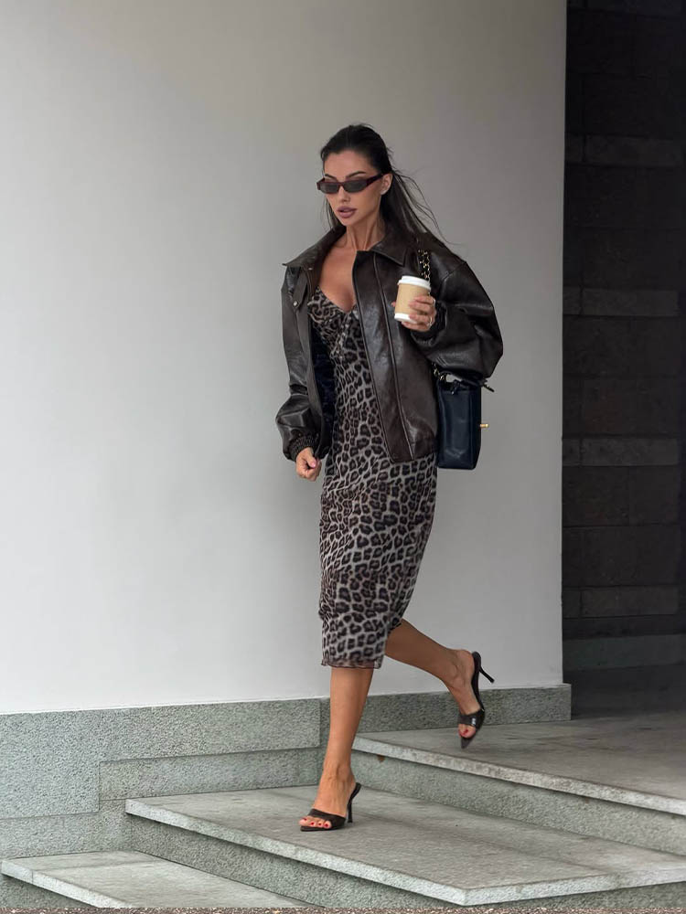 Ahagaga Robes longues chics pour femmes, sexy, en maille, imprimé léopard, à volants, manches courtes, col en V profond, coupe ajustée, style décontracté streetwear, Vestidos