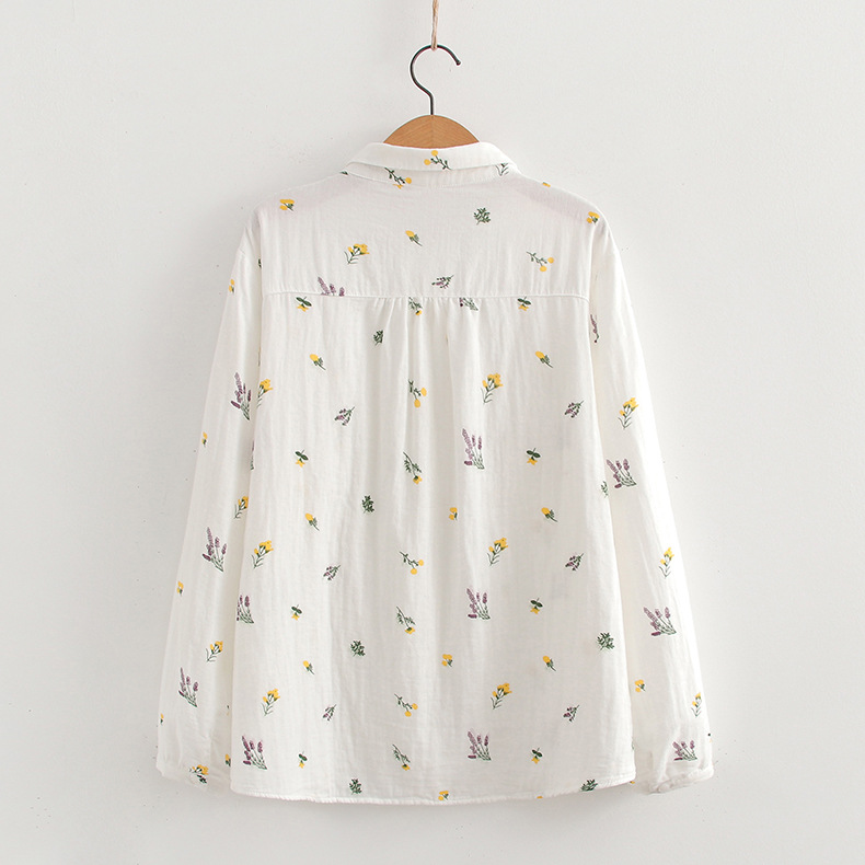 Chemises à manches longues brodées en coton pour femmes, blanc et bleu, nouvelle collection printemps 2026, chemisiers et hauts décontractés amples pour femmes, vêtements féminins raffinés