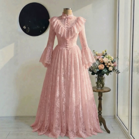 Robe longue élégante pour femme, nouvelle collection Printemps-Automne 2026, couleur unie, dentelle, volants, patchwork, taille cintrée, manches longues, style tempérament