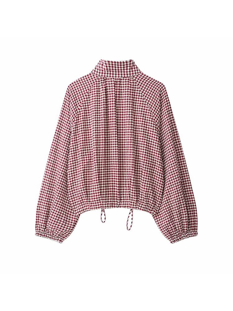 Veste courte à carreaux vintage pour femme, col montant avec ourlet à cordon, manches longues, manteau boutonné, manteau décontracté d'automne pour femme ﻿