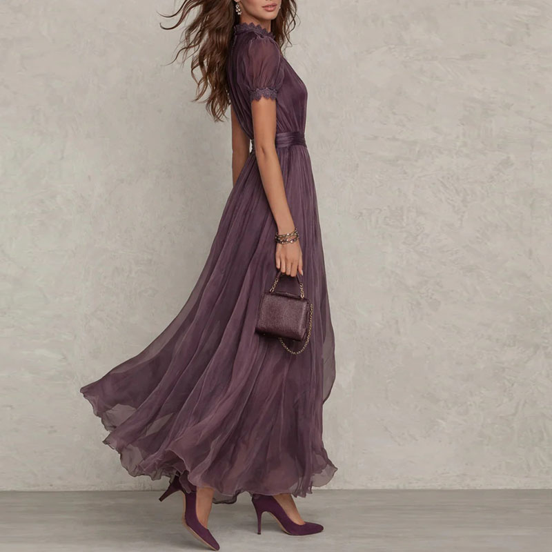 Robe longue plissée vintage en dentelle unie pour femme, col rond, taille haute, manches courtes, fluide, pour soirée, printemps-été
