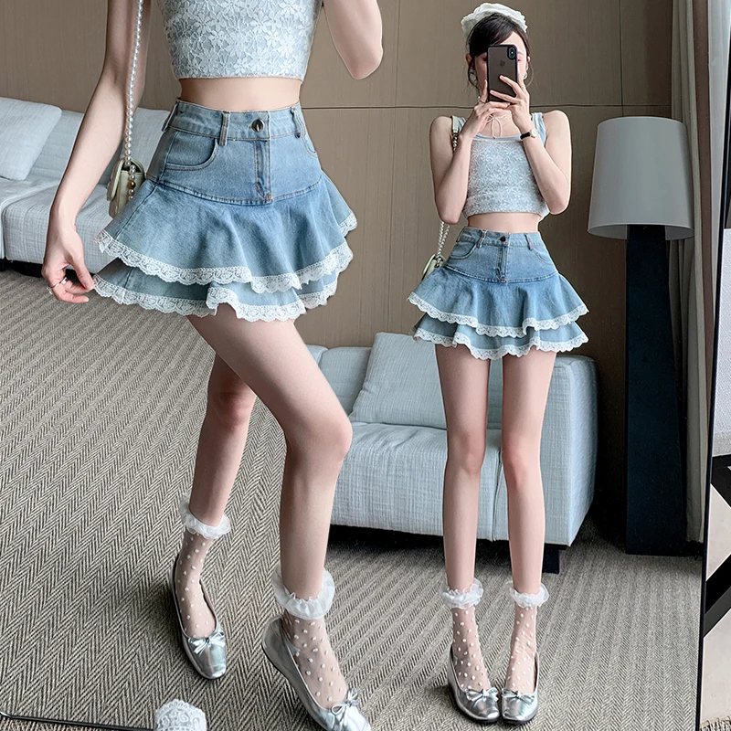 Jupes en jean pour femmes, nouvelle mode printemps été, taille haute, décoration en dentelle, short, Mini jupes pour femmes
