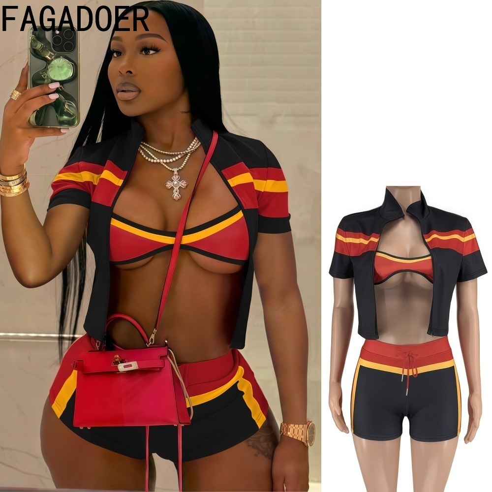 FAGADOER mode 2 pièces ensembles femme tenues couleur bloc manches longues veste + débardeur et short survêtements femme Streetwear