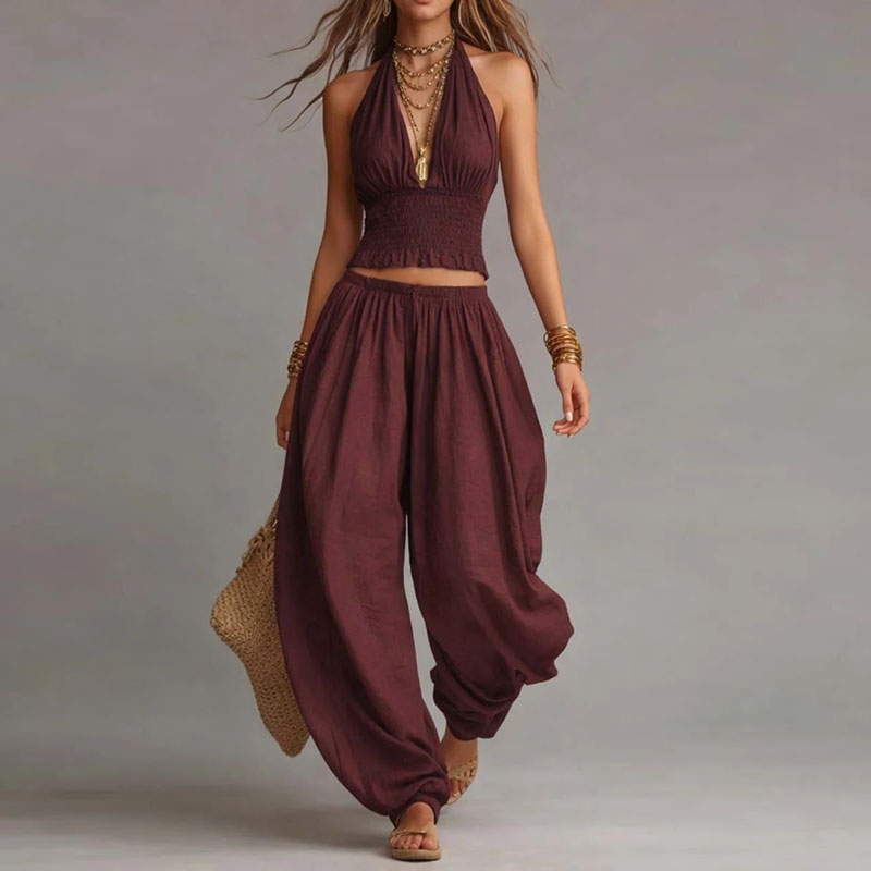 Ensemble 2 pièces bohème smocké : Crop top licou sans manches à col en V et dos nu + pantalon harem – Tenue décontractée pour femme, idéale pour les vacances printemps-été