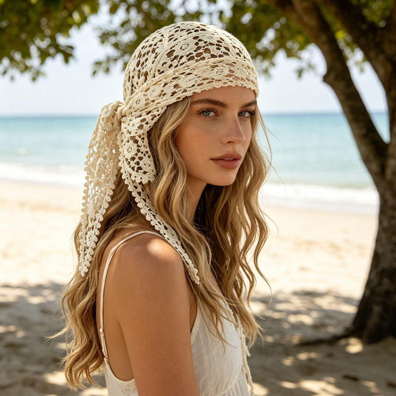 Écharpe de cheveux en crochet style bohème pour femmes, bandana noué en dentelle florale, bandeau à longues franges à nouer à l'arrière pour les vacances à la plage