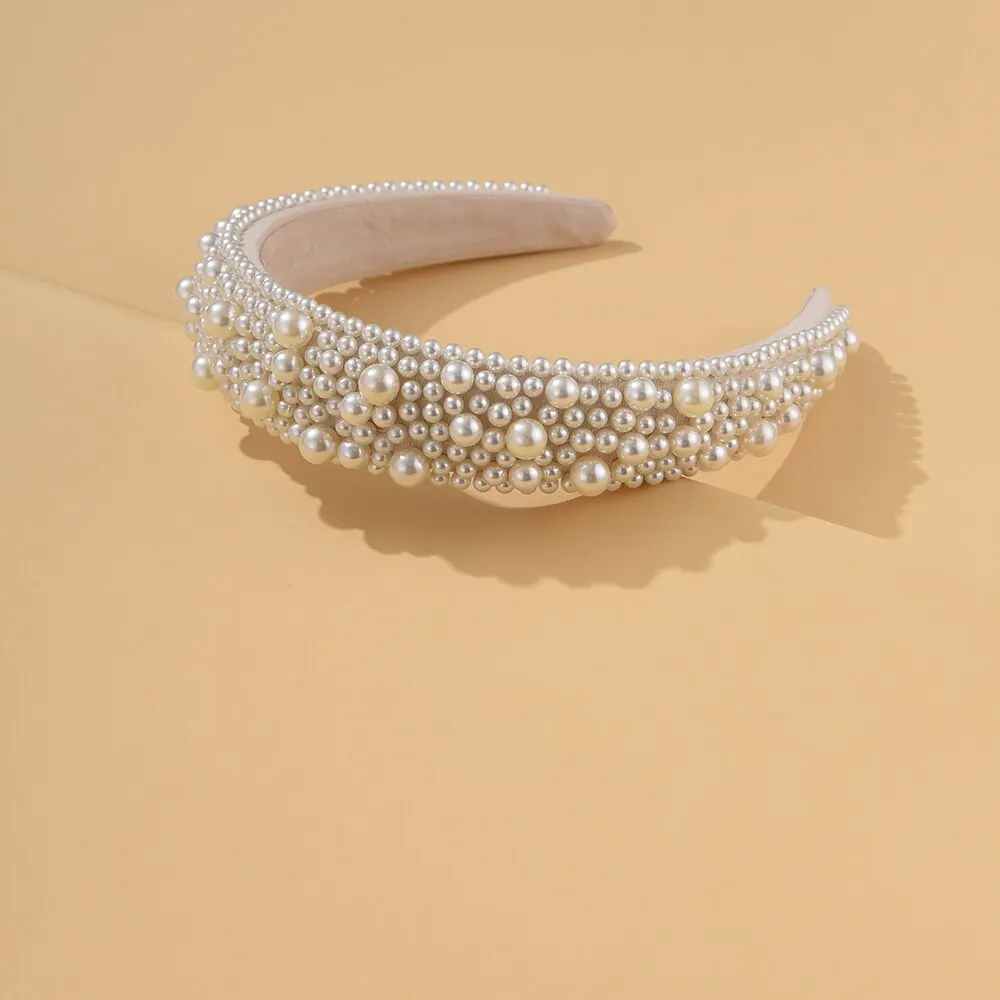 Cerceau de cheveux large fait à la main pour femmes, bande de sauna pour patients de mariage, vêtements de sauna pour filles, bijoux de mariage, perle blanche, accessoires pour cheveux, 2023