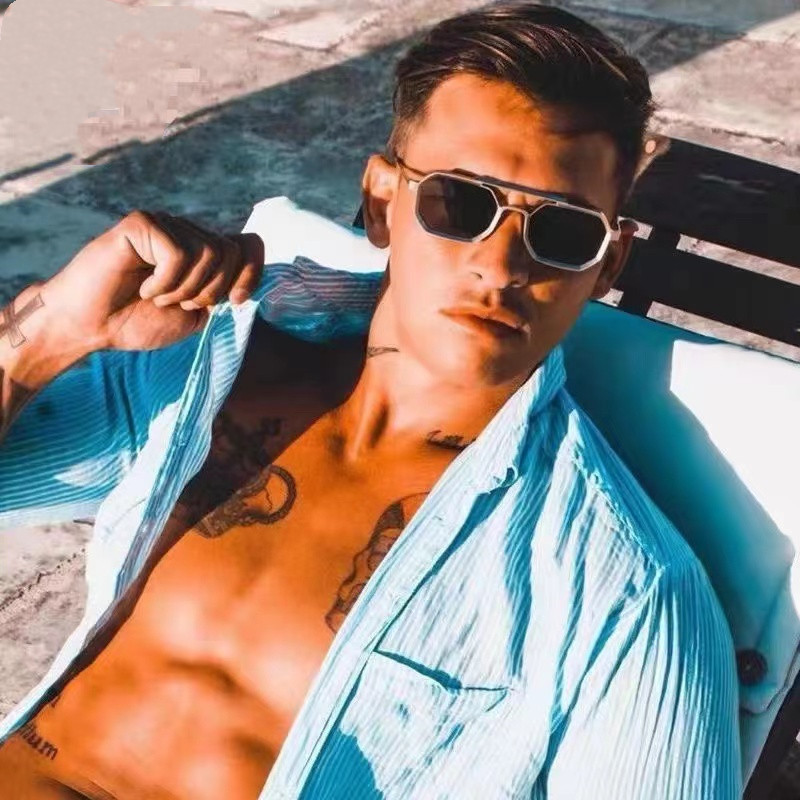 Lunettes de soleil à montures métalliques pour hommes et femmes, mode polygonale, Double pont, marque de luxe, lunettes de conduite en plein air