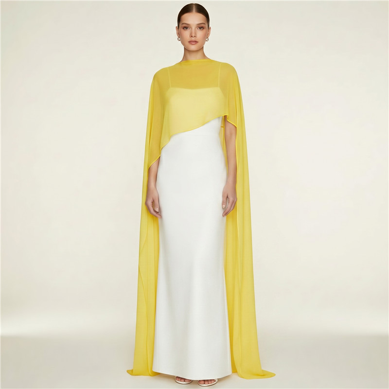 Robe longue de soirée élégante en mousseline avec cape, dos nu, moulante, longueur ras du sol, pour femme, idéale pour les fêtes et les mariages