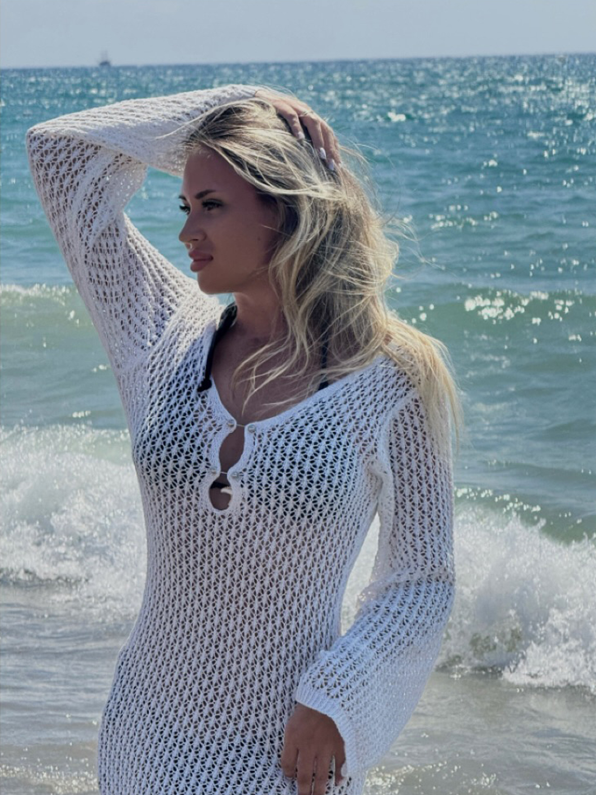 Robe courte décontractée de vacances, couverture de plage en tricot ajouré à manches longues, Style uni ajusté, mode printemps et automne