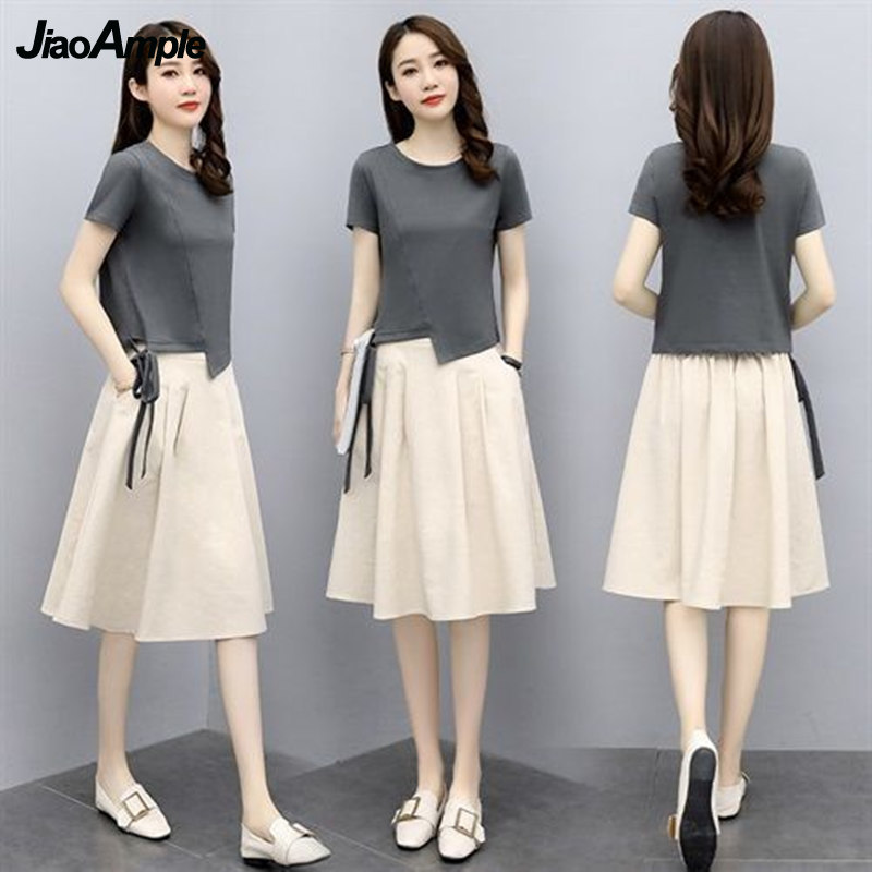 Ensemble t-shirt et jupe midi à manches courtes pour femmes, vêtements féminins élégants, mode coréenne, été, nouveau, 2025, 2 pièces