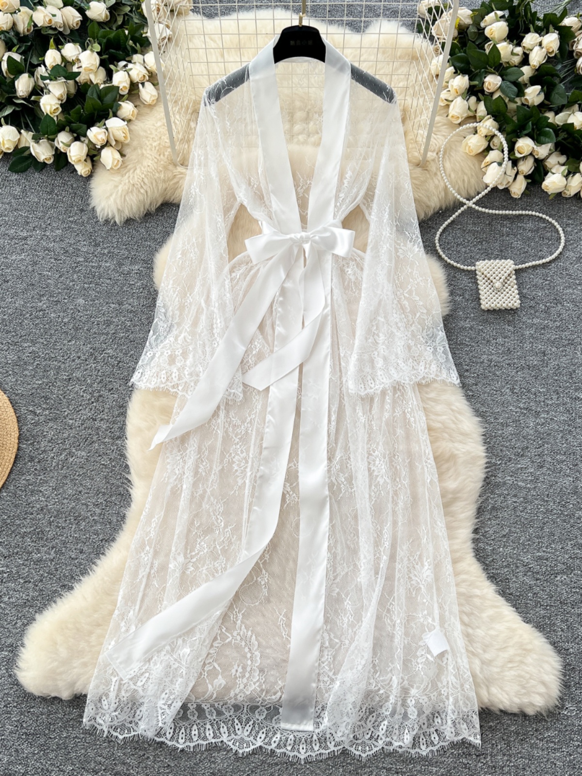 Cardigan long en dentelle transparente pour femme, manches longues, col en V, élégant, vintage, sexy, vêtements esthétiques, livraison directe
