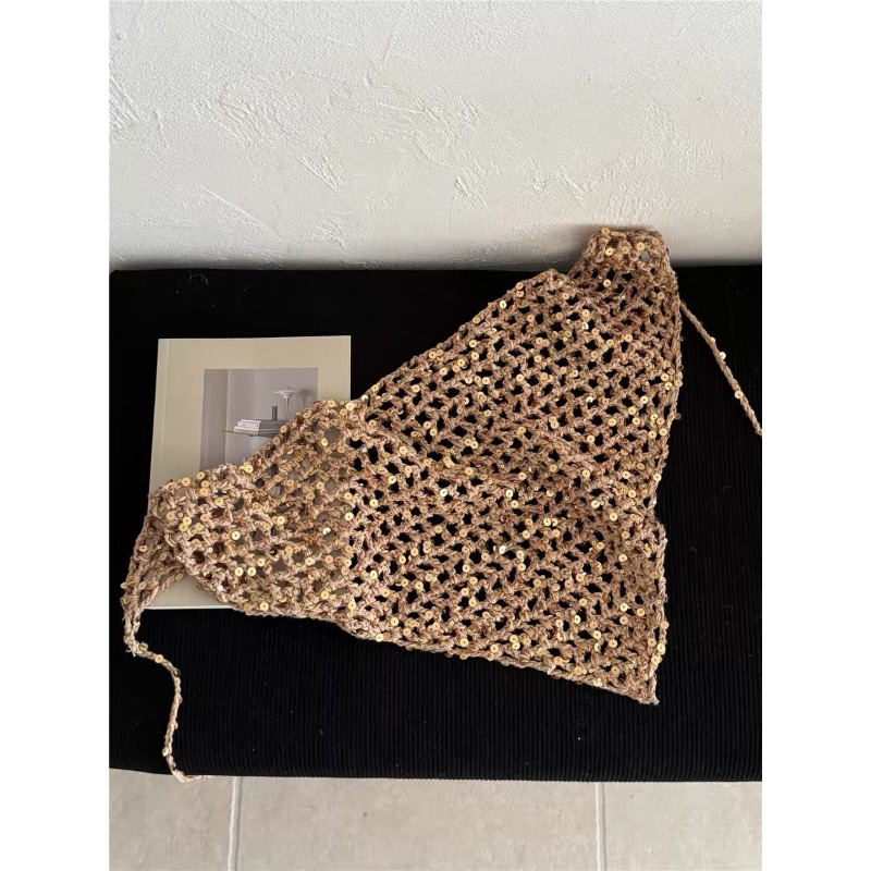 Écharpe triangulaire en tricot ajouré à paillettes style Ins pour femme, polyvalente, décontractée, pour l'été, les voyages et les photos, style Y2K, bonnets et bandeaux