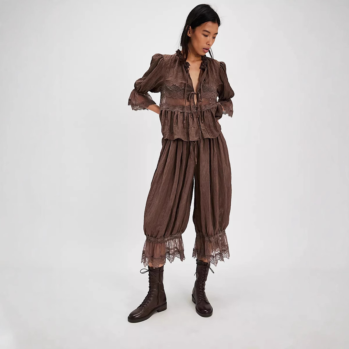 Pantalon Bloomers pour Femme Y2K avec Dentelle, Pantalon Vintage à Volants Mignon, Pantalon Long Coupe Citrouille, Bas de Pyjama Capri, Tenue Décontractée Streetwear