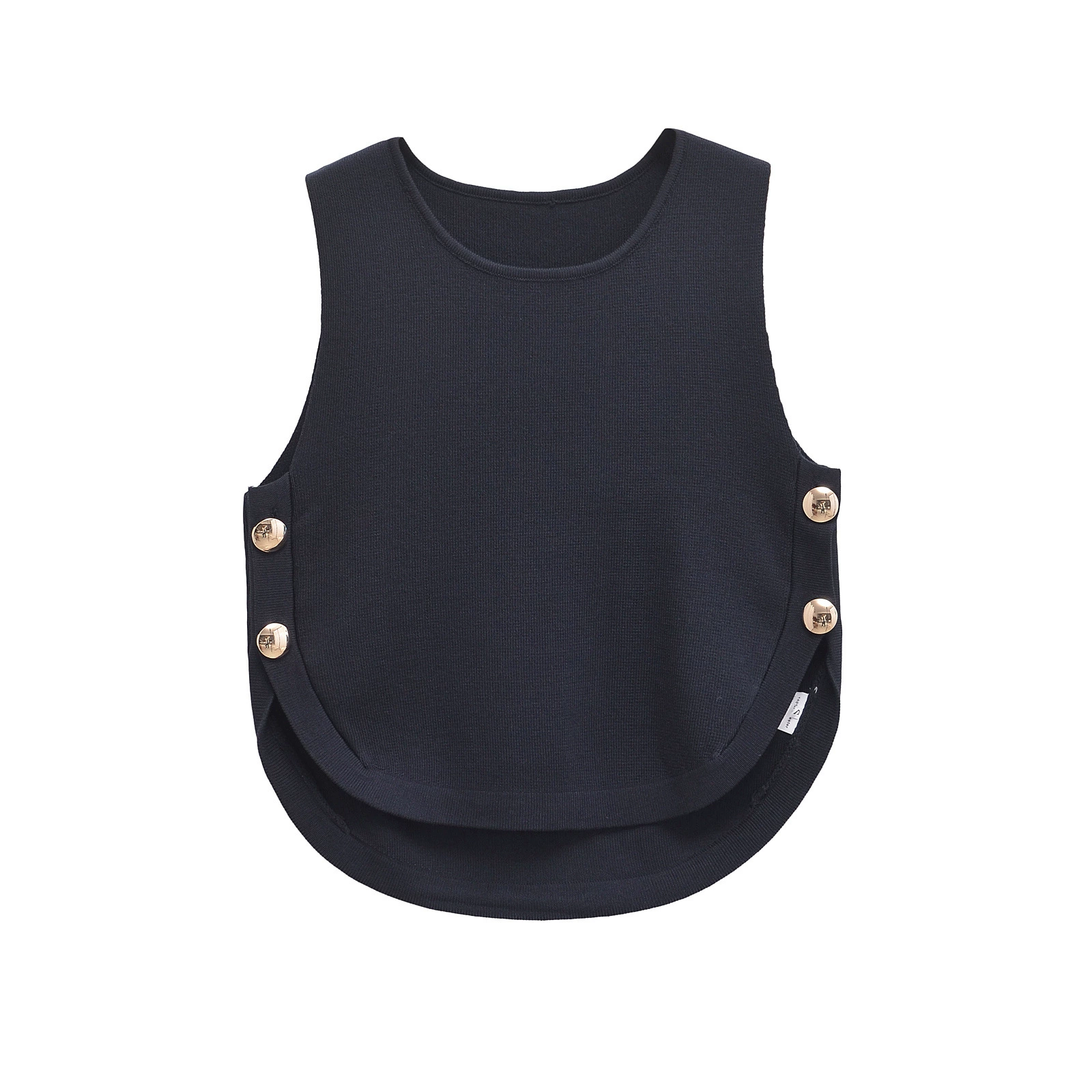2025 Haut sans manches chic pour femme avec boucles latérales Ourlet asymétrique Haut court décontracté à col rond