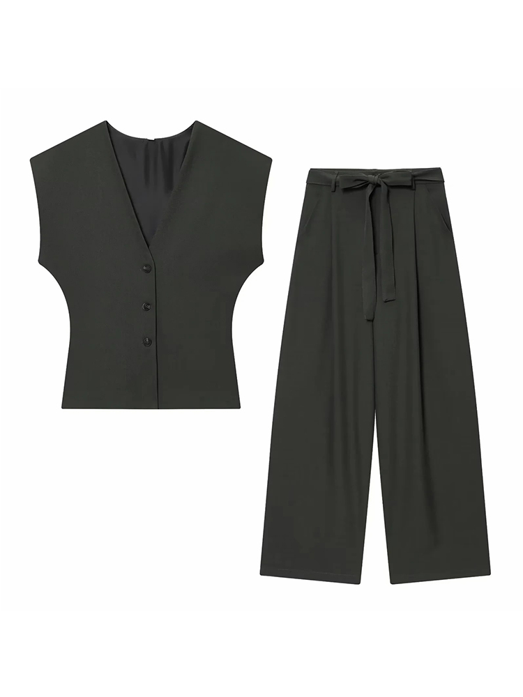 Ensemble 2 pièces mode femme : Gilet sans manches col en V à rayures fines et pantalon plissé ample d'été avec poches et ceinture zippée