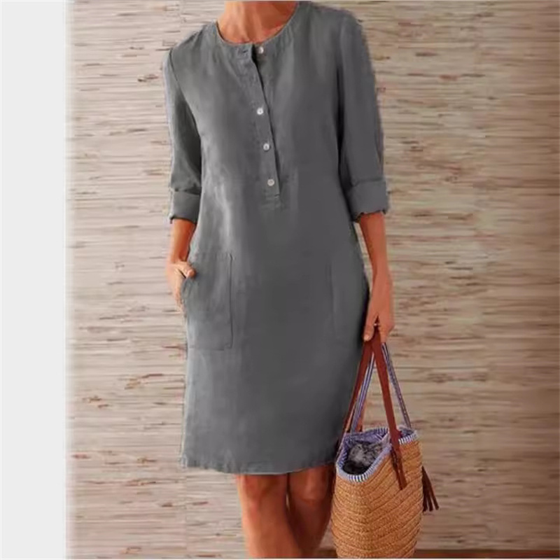 Femmes confortable décontracté coton lin robes 2025 automne couleur unie poches latérales robe femme O cou pull à manches longues robe