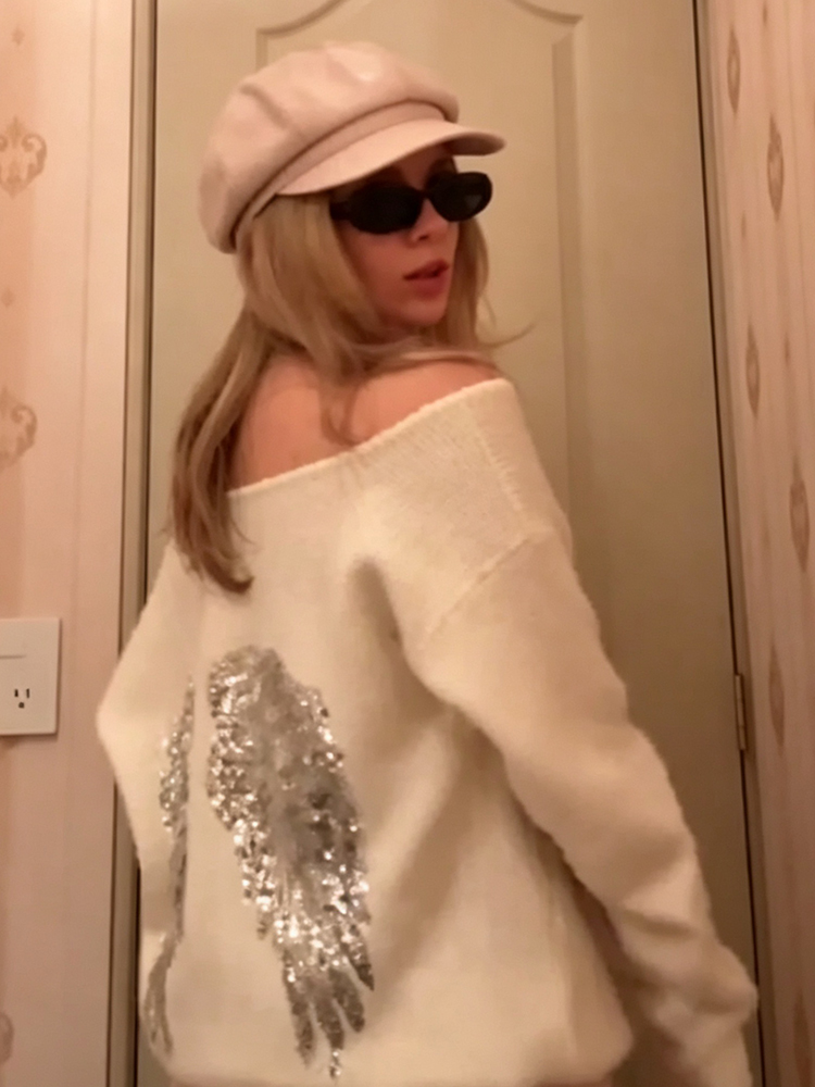 Pull à sequins pour femmes, à manches longues et épaules dénudées, coupe ample, en tricot doux, chemisier chic et décontracté pour les soirées et la rue, haut tricoté pour femmes.