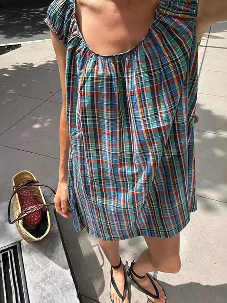 Robe Courte Ample sans Manches à Col Rond pour Femme Style Vintage ou Haut Chemisier, Nouvelle Robe Mini Débardeur à Carreaux 2026 + Hauts