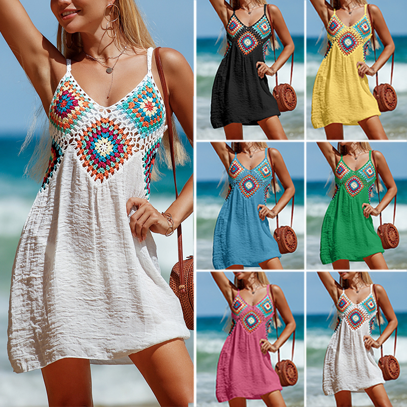Tunique de plage à motif coloré, crochet, épissure, col en V, creux, bikini, cover-up, robe, Industries ong, maillot de bain