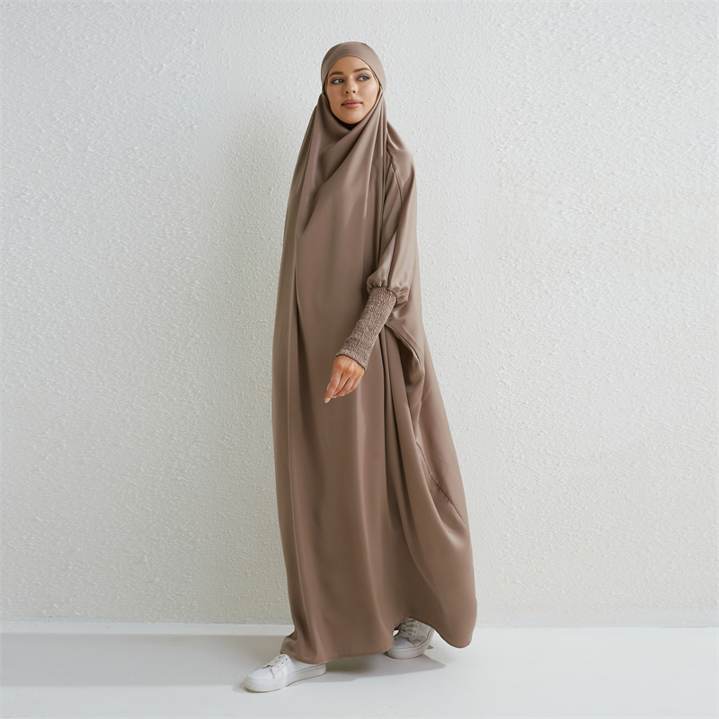 Abaya musulman à capuche manches smockées une pièce Robe de prière femmes Jilbab vêtements islamiques dubaï saoudien Robe noire modestie turque