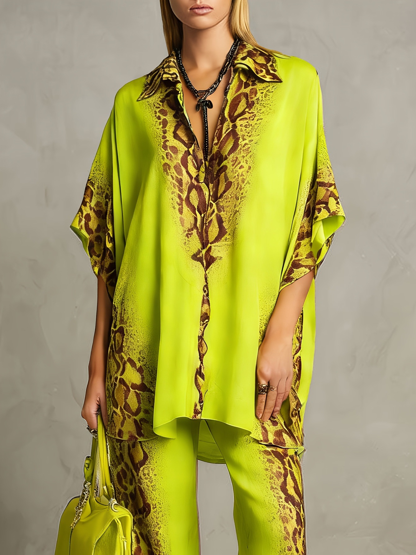 Ensemble 2 pièces léopard pour femme : chemise à manches courtes et col rabattu, pantalon taille haute à jambes larges – Tenue décontractée bohème d'été