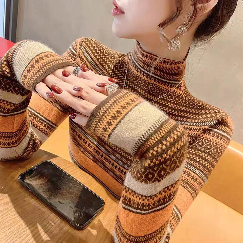 Pull en tricot rayé à col mi-haut pour femmes, pulls minces, pulls chics élégants, tout match, mode vintage, vêtements d'automne et d'hiver