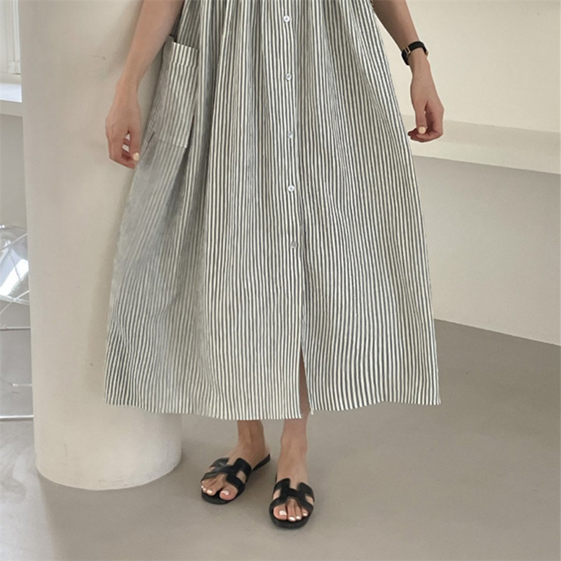 REALEFT-Robe chemise rayée à simple boutonnage pour femme, vintage, décontractée, droite, coréenne, poches, été, 2024