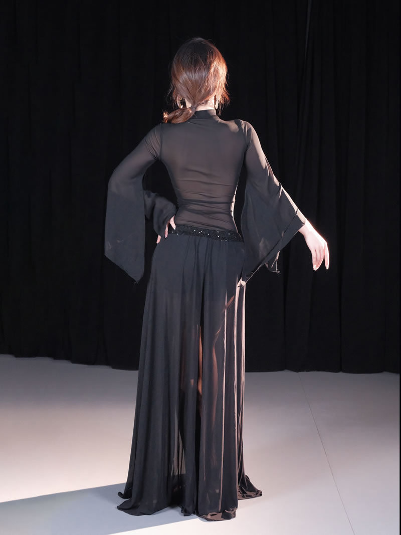 Tenue de danse orientale sexy pour femmes, haut en mousseline transparente à sequins à manches longues, jupe fendue sur le côté, compétition de danse du ventre