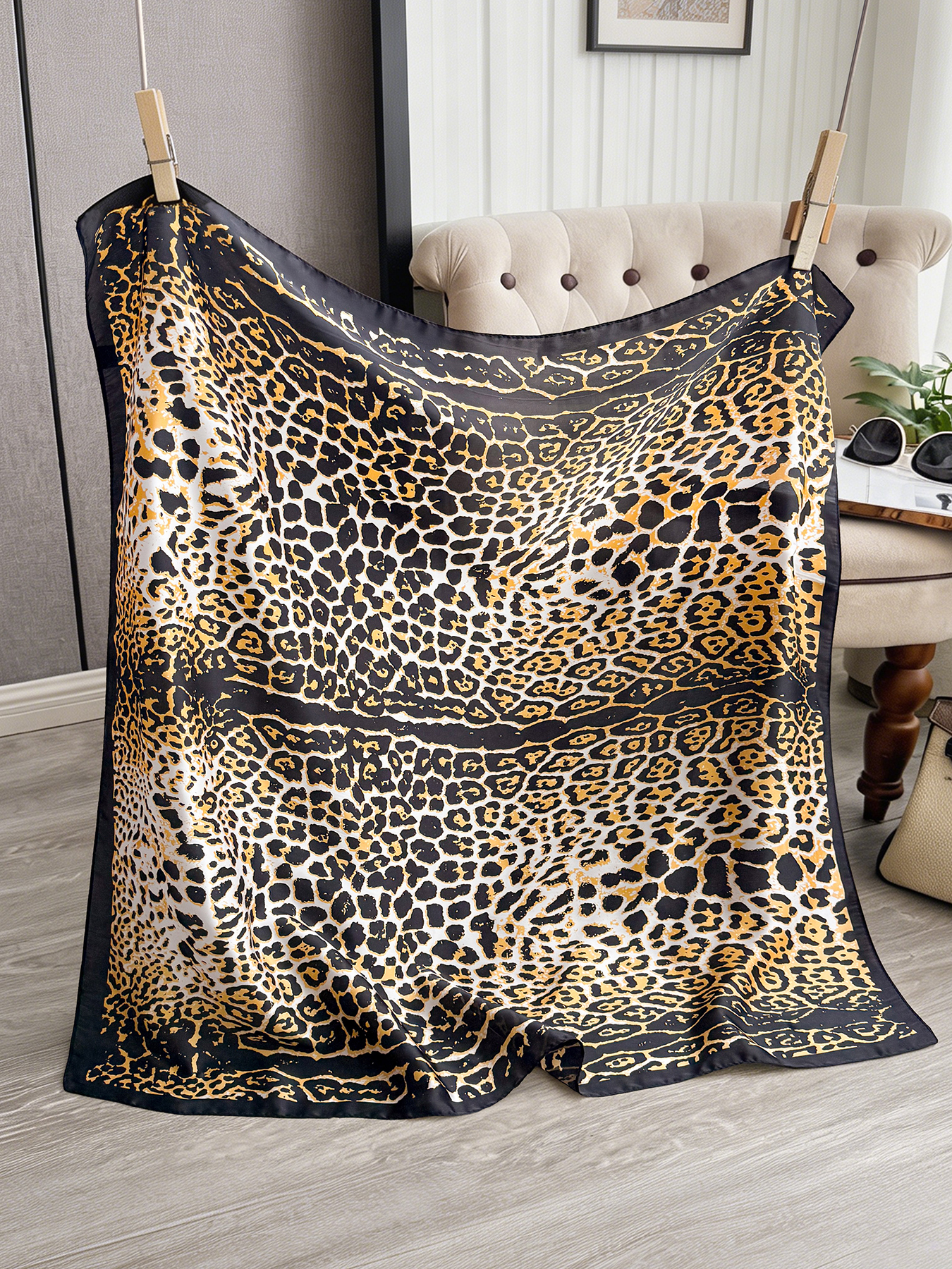 Foulard carré en soie imprimé léopard 90 cm, écharpe pour cheveux, foulard de créateur pour femme, hijab, châle en satin doux, bandeau