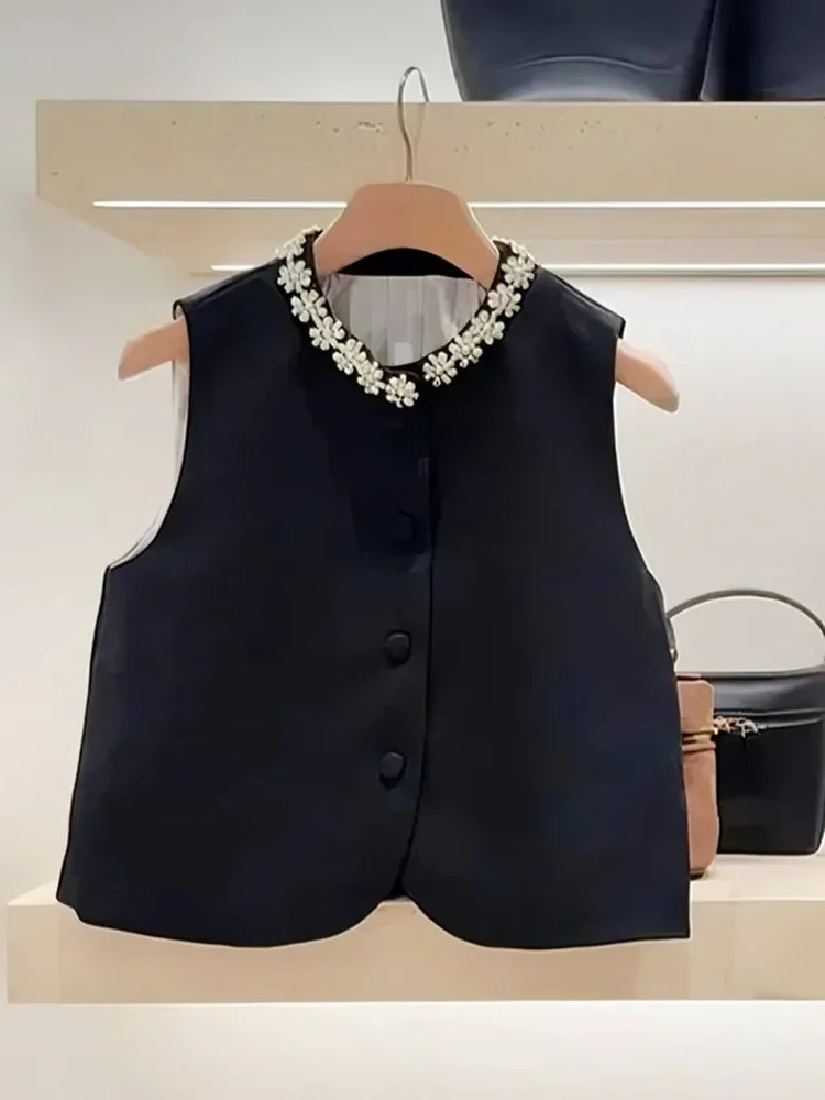 Haut élégant sans manches à col rond pour femme ou short simple, ensemble gilet et short noir à motif floral et diamanté