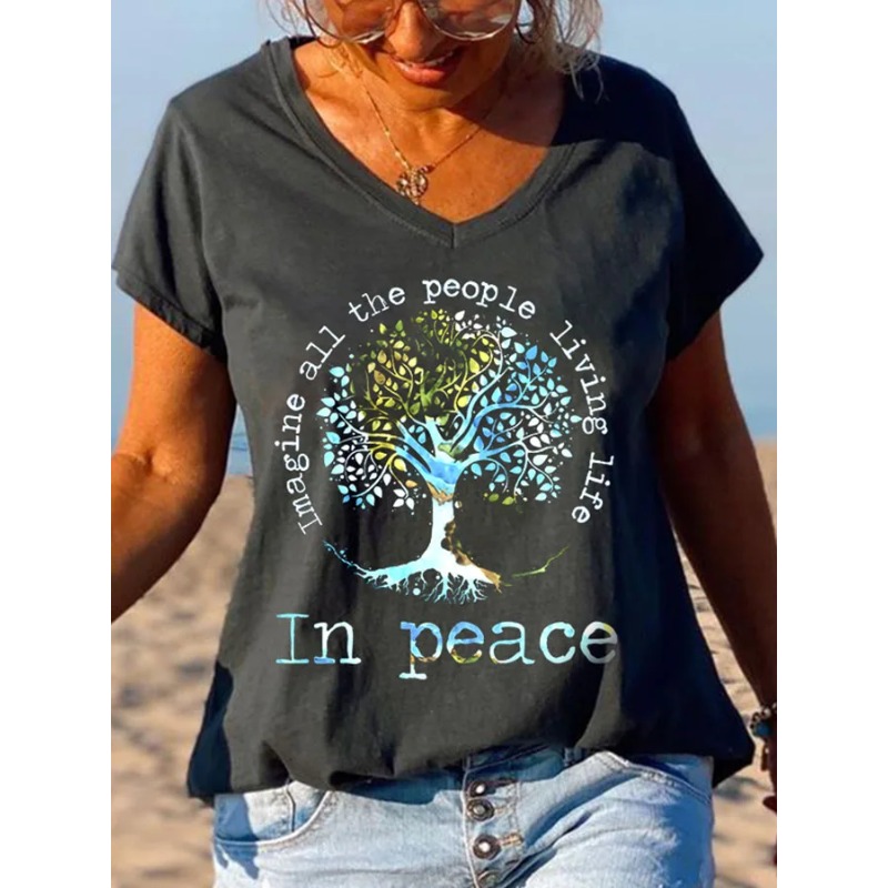 T-shirts à manches courtes pour femmes, décontractés, col en V, style hippie, hauts d'été, t-shirts imprimés pour la plage