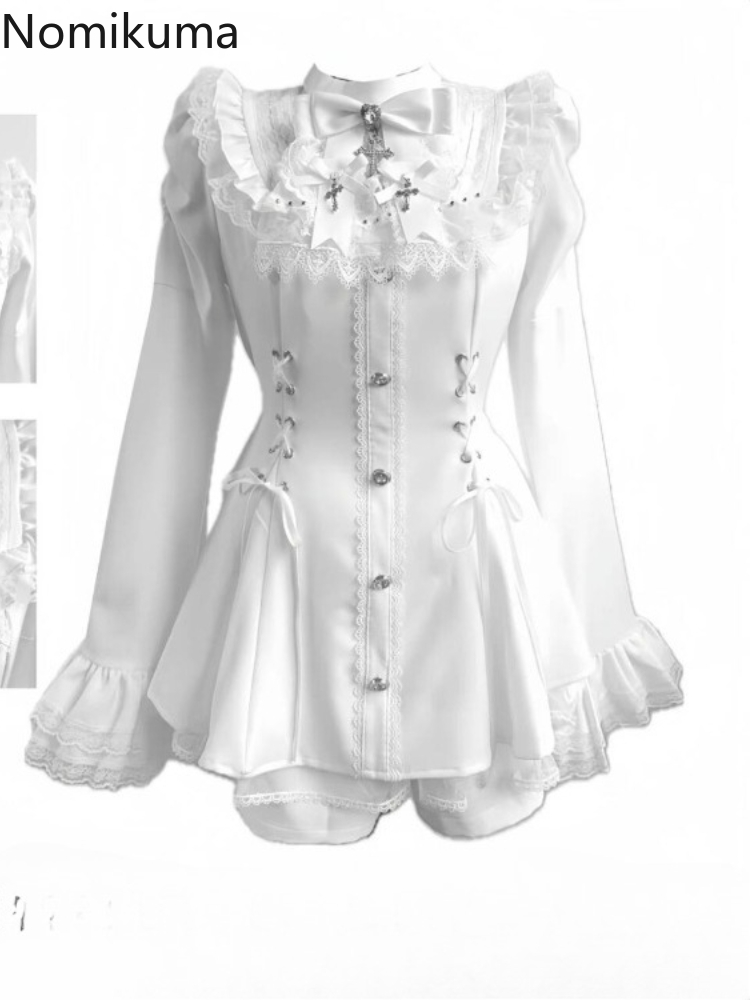 Vêtements pour femmes robe costume deux pièces ensembles Roupas Femme Style Lolita taille mince nœud dentelle robes douces tenues japonais mignon ensemble