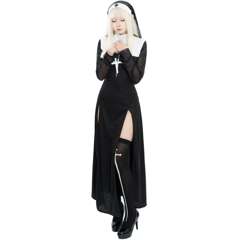 Costume d'halloween Sexy pour femmes adultes, Robe fantaisie de Cosplay de nonne Anime, Robe gothique longue noire, uniforme de fête de carnaval, événements à thème