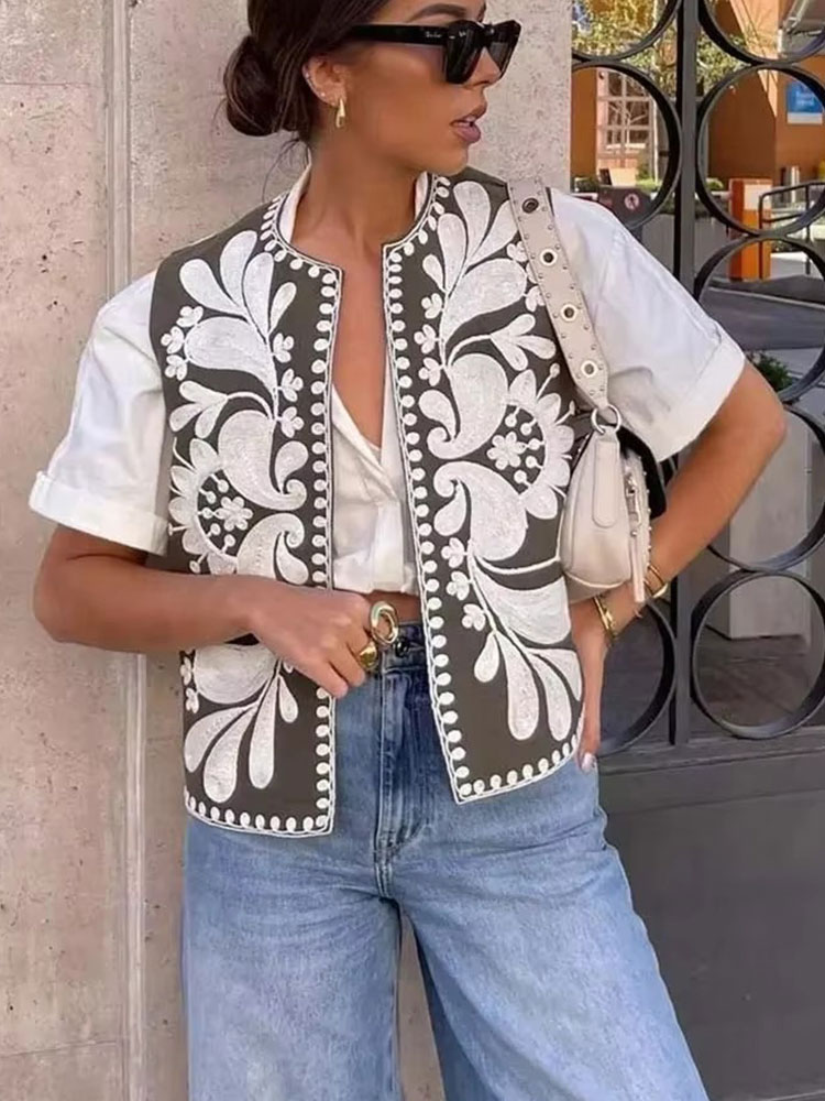 HH – gilet brodé pour femmes, Vintage, décontracté, sans manches, Cardigan, haut à la mode, motif Floral brodé, Y2k