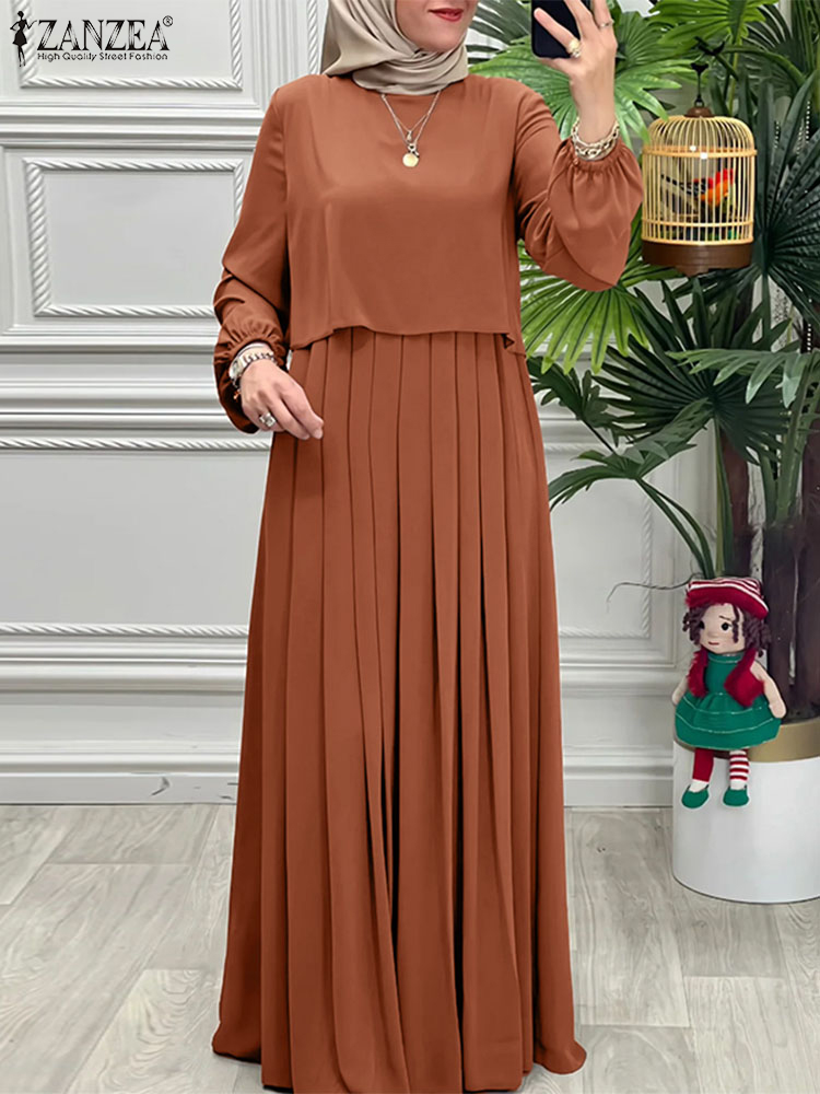 Robes Patchwork Printemps Femme 2026 ZANZEA Abaya Musulmane Élégante à Manches Longues Unie Plissée Robe d'été Vêtements Islamiques