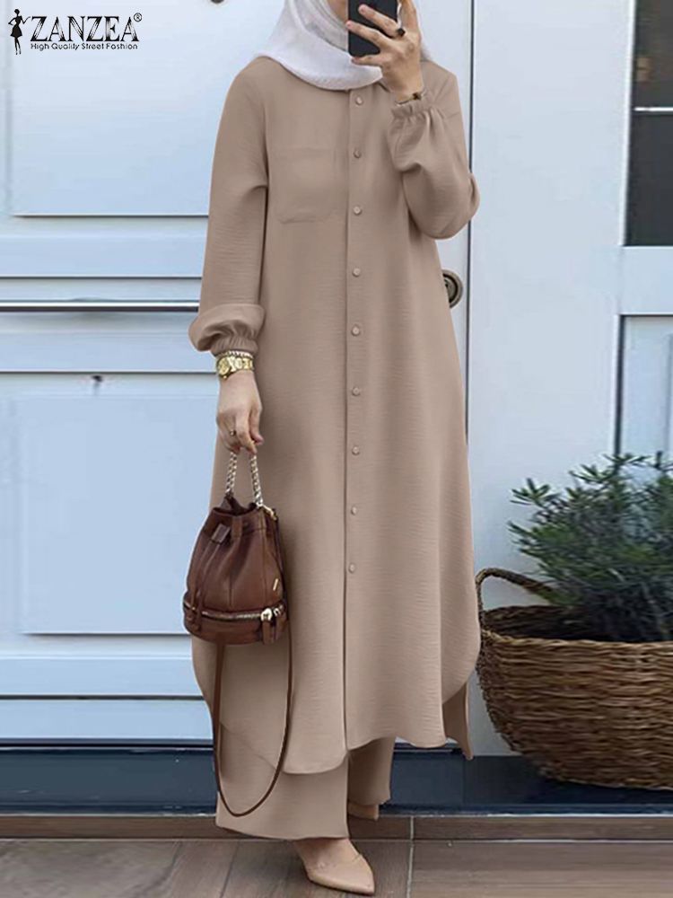 ZANZEA Vintage costume musulman couleur unie revers cou à manches longues Blouse pantalon Ramadan vêtements islamiques mode décontracté turquie tenue