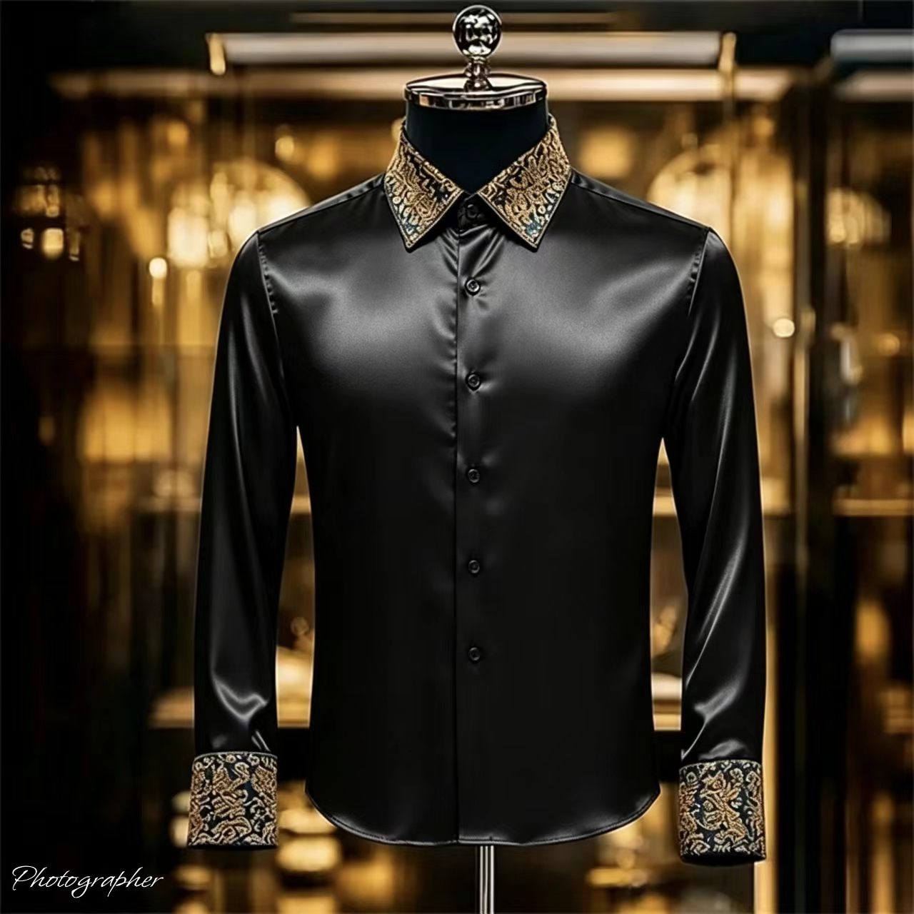 Chemise en satin de luxe pour homme avec col et poignets imprimés en 3D, chemise habillée à manches longues coupe ajustée, chemise en soie formelle pour mariage et soirée
