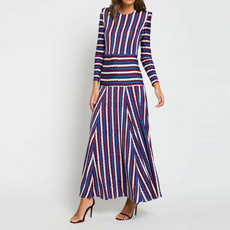 Robe longue à taille haute pour l'automne, à rayures vintage imprimées, style bohème, élégante, col rond, manches longues, pour femmes, idéale pour les vacances.