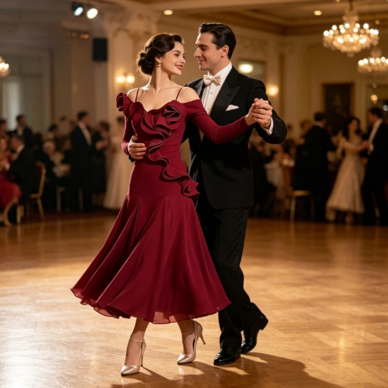 Nouvelle Robe de Danse Moderne pour Femme, Col en Dentelle Feuille de Lotus, Manches Longues Amincissantes, Robe Longue Évasée à Baleines pour la Danse Sociale