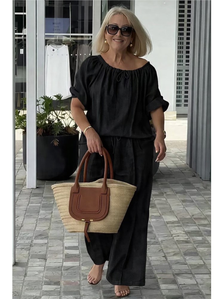 Ensemble décontracté 2 pièces pour femme, nouvelle collection printemps-été, haut ample à col rond avec cordon de serrage et pantalon, ensemble deux pièces