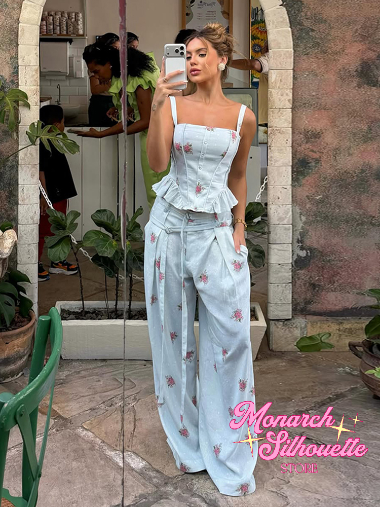 Ensembles assortis pantalon imprimé floral pour femme – Chic, col carré, ourlet à volants, cordon de serrage, pantalon large long – Tenue décontractée quotidienne pour femme