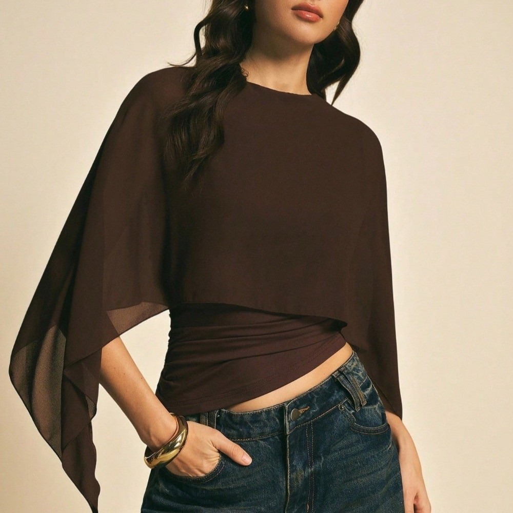 Haut élégant à col rond et manches cape, coupe ajustée, devant ouvert, t-shirt asymétrique, taille froncée, tissu transparent, manches chauve-souris, pour le quotidien