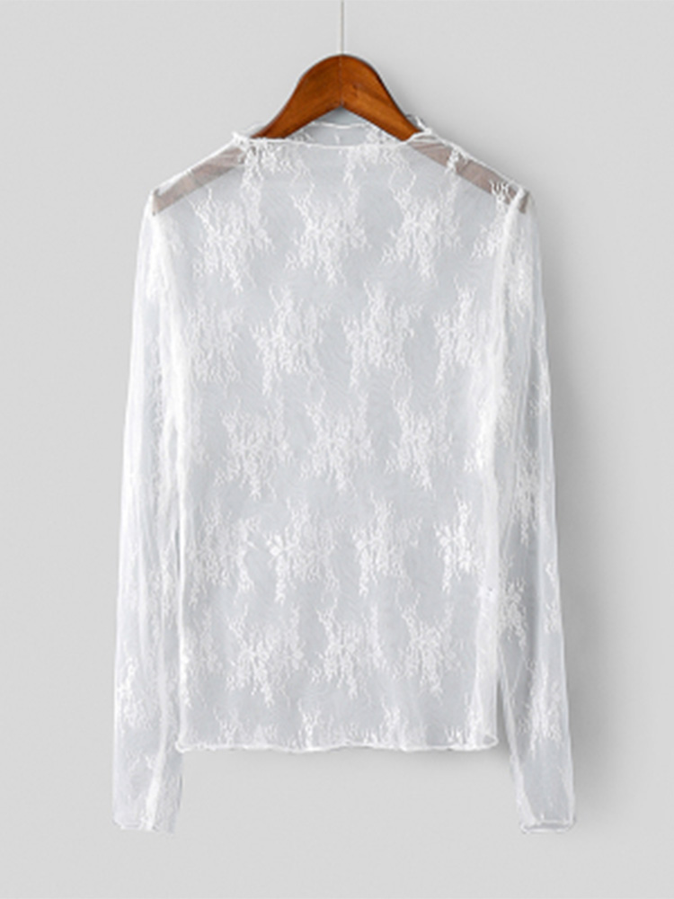 Été femmes dentelle broderie florale Blouses chemise dames hauts Sexy maille Blouses Transparent élégant Transparent chemise noire