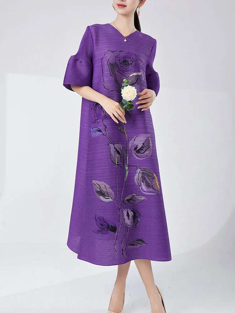 LANMREM-Robe plissée à col en V et manches lanterne pour femme, vêtement élégant de styliste avec impression florale, nouvelle collection été 2024, 2DA7893